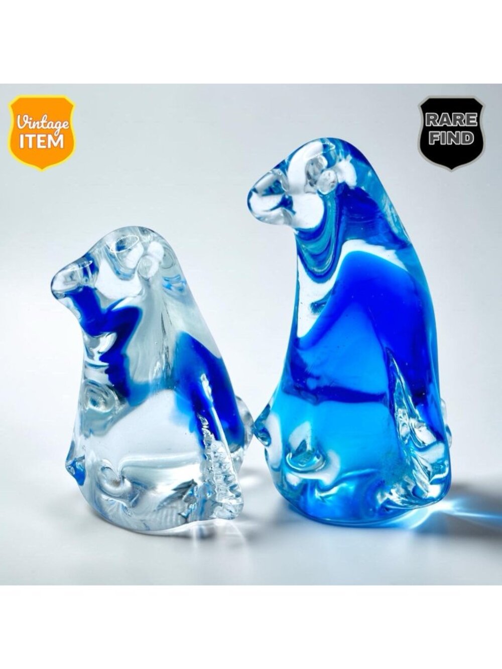 Mom Penguin with her baby. Cobalt Blue & White Art Glass Figurine Paperweights.
